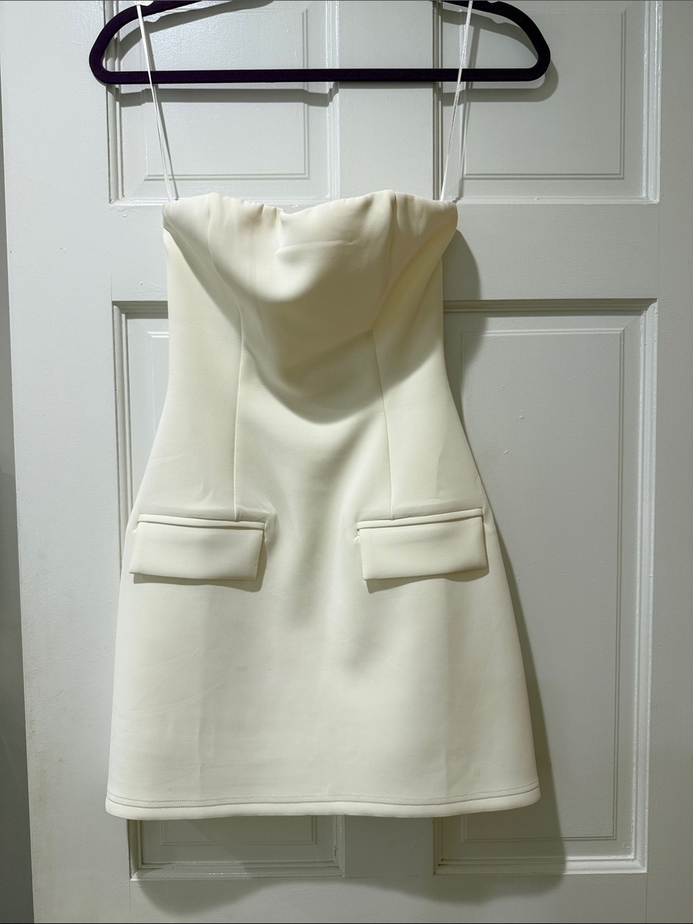 LEAU Strapless Cream Mini Dress with Pocket Flap Detail